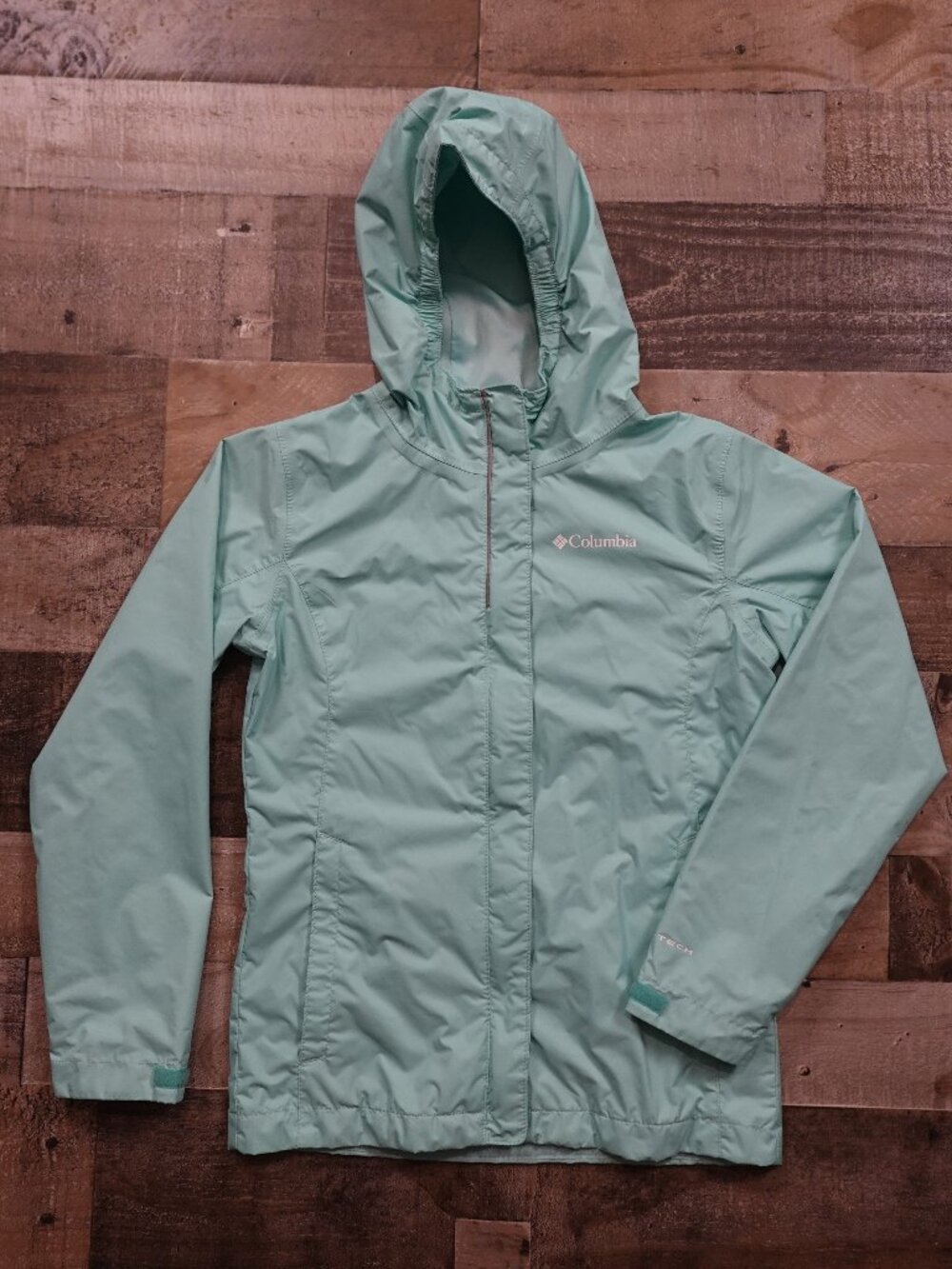 Columbia Omni-Tech Rain Jacket Girls Medium 10/12 Light Aqua Hooded